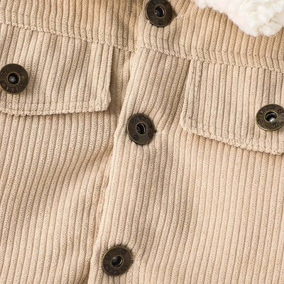 Close-up of the buttons and ribbed texture of a warm jacket for newborns made of cotton and polyester.