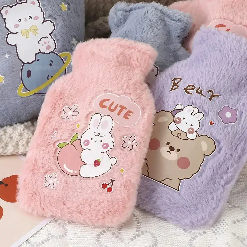Cute kawaii 500ML soft hot water bottles in pastel colors, featuring playful animal designs and a fluffy texture for warmth.