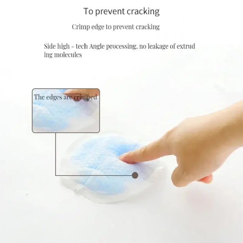 Close-up of disposable nursing pad demonstrating crimped edge to prevent cracking and leakage for breastfeeding comfort.