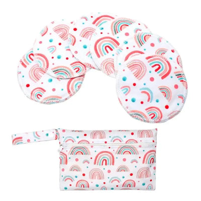 Set of 6 washable nursing pads with rainbow pattern and a storage pouch, designed for breastfeeding convenience.