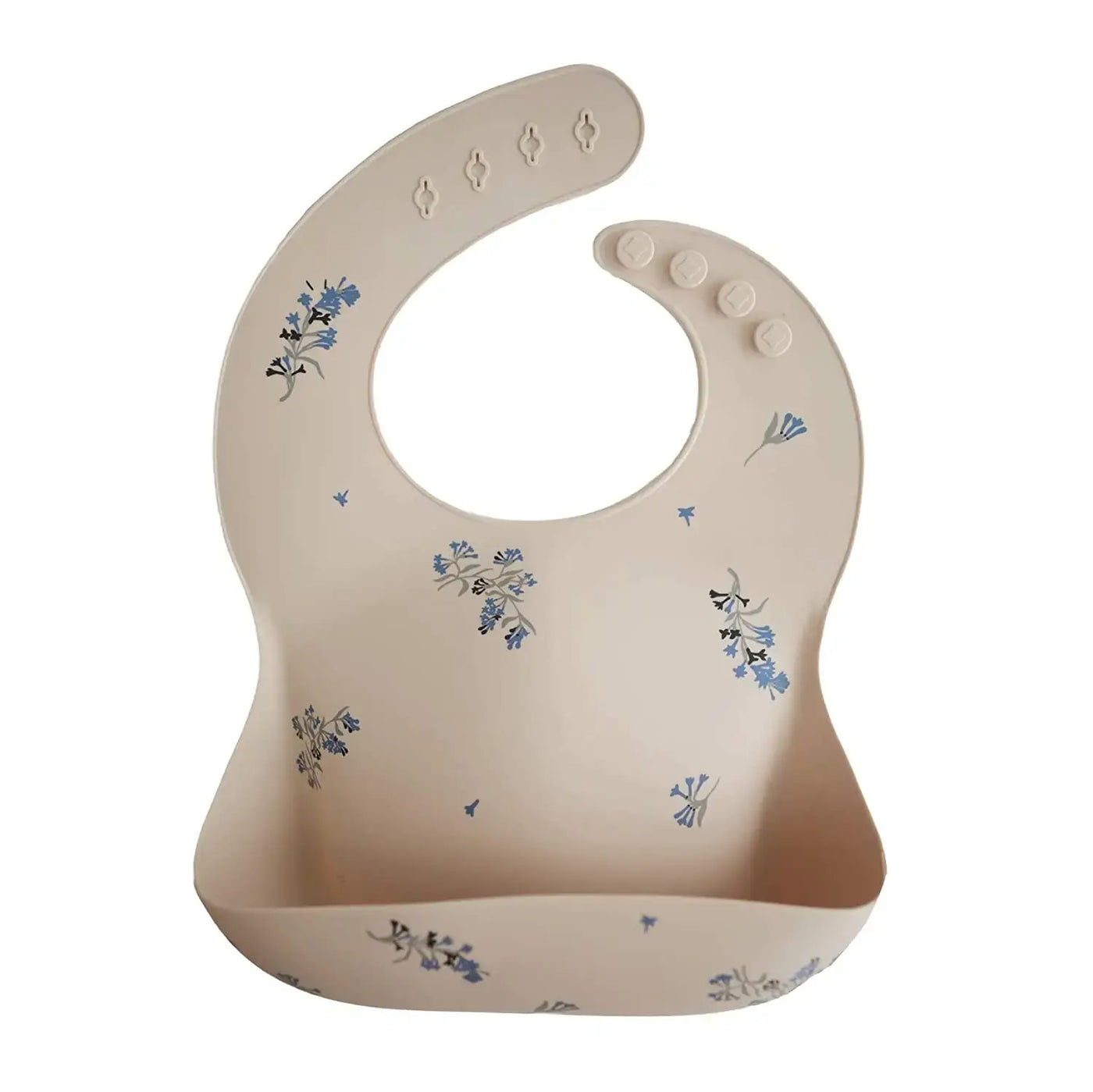 Cute silicone baby bib with floral print, waterproof and adjustable for toddlers and kids.