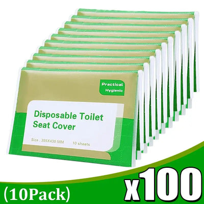 Pack of 10 disposable toilet seat covers, eco-friendly and hygienic, perfect for travel and camping.