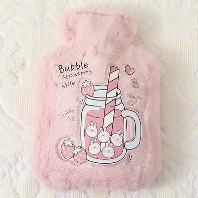 Cute pink bubble strawberry milk hot water bottle with bunny graphics, perfect for winter hand warming.