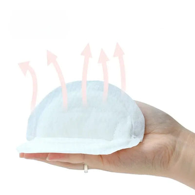 Disposable nursing pad held in hand with flow arrows, showing super soft and comfortable design for breastfeeding mothers.