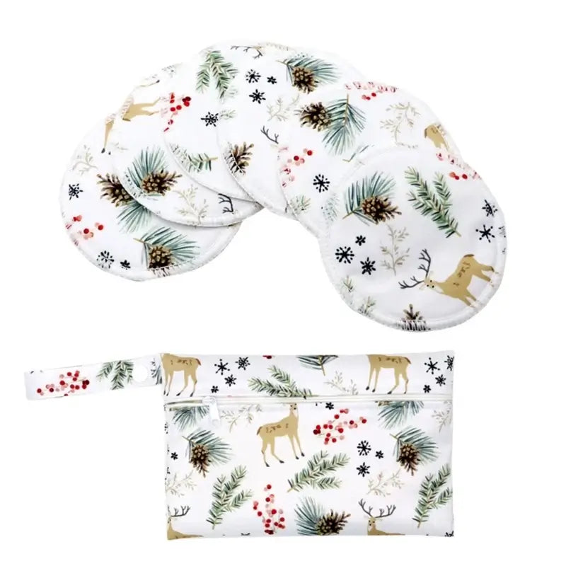 Set of 6 washable nursing pads with festive deer and foliage design, accompanied by a matching carrying pouch.