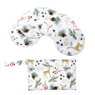 Set of 6 washable nursing pads with festive deer and foliage design, accompanied by a matching carrying pouch.