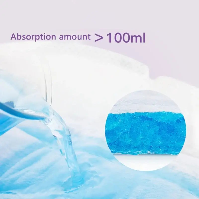 Image showing absorption capacity of nursing breast pads exceeding 100ml with detailed section view.