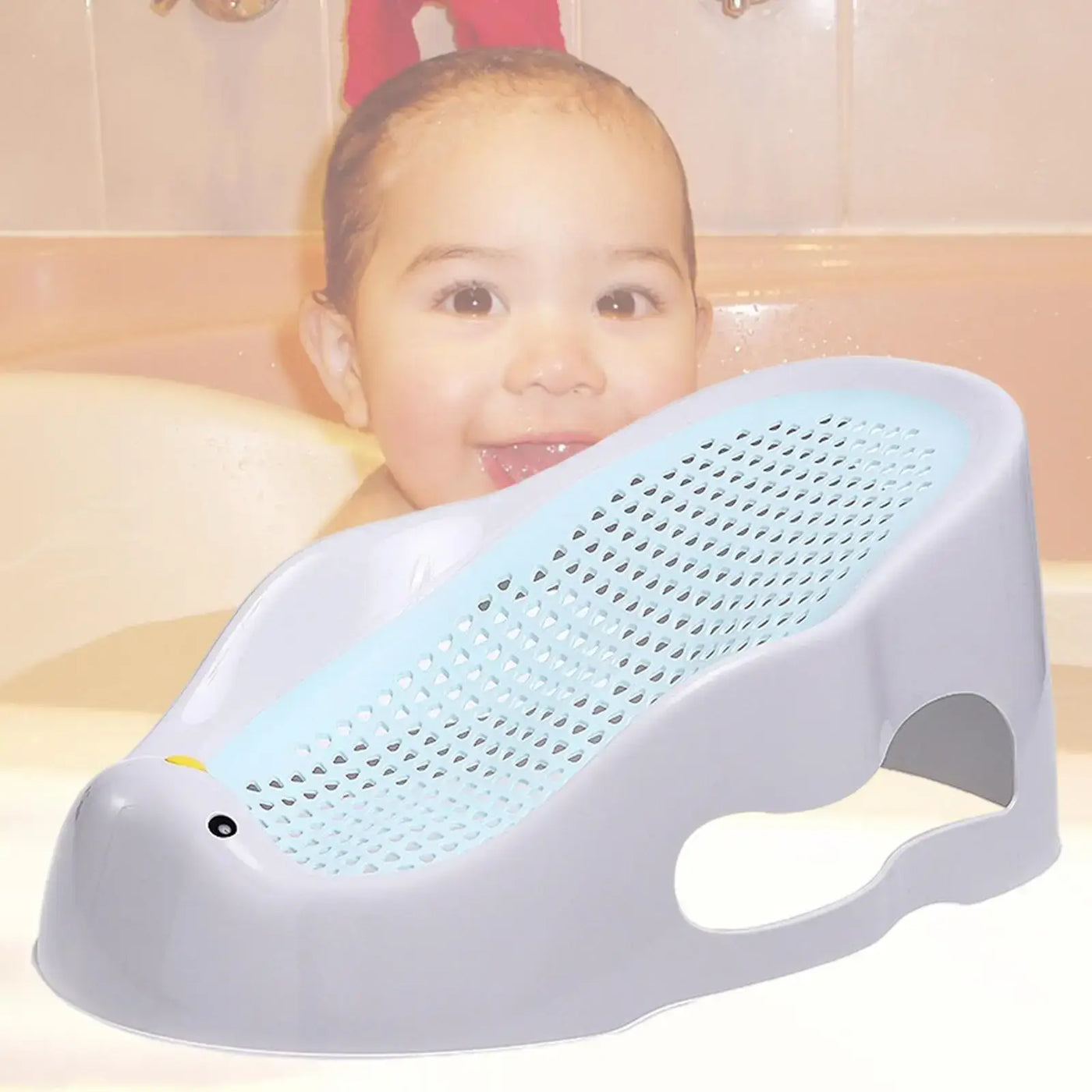 Portable soft baby bath support lounger in blue for infants, designed for safety and easy clean-up.