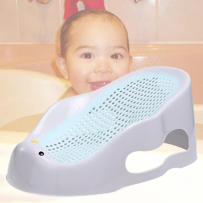 Portable soft baby bath support lounger in blue for infants, designed for safety and easy clean-up.
