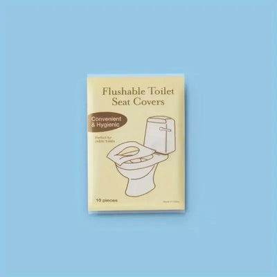 Flushable toilet seat covers pack, convenient and hygienic for public toilets, 10 pieces, ideal for travel and cleanliness.