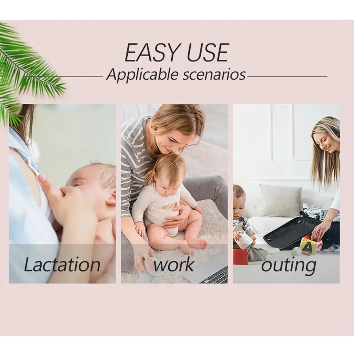 Image showcasing breastfeeding pads in various scenarios: lactation, work, and outing for convenient use.