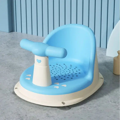 Blue baby bathtub seat with suction cup base and safety handle, suitable for newborns and toddlers.