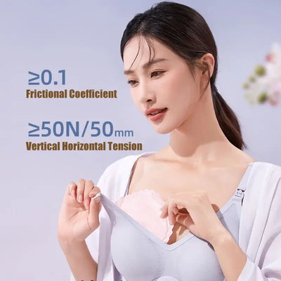 Woman demonstrating ultra-soft nursing pads with friction and tension specifications.