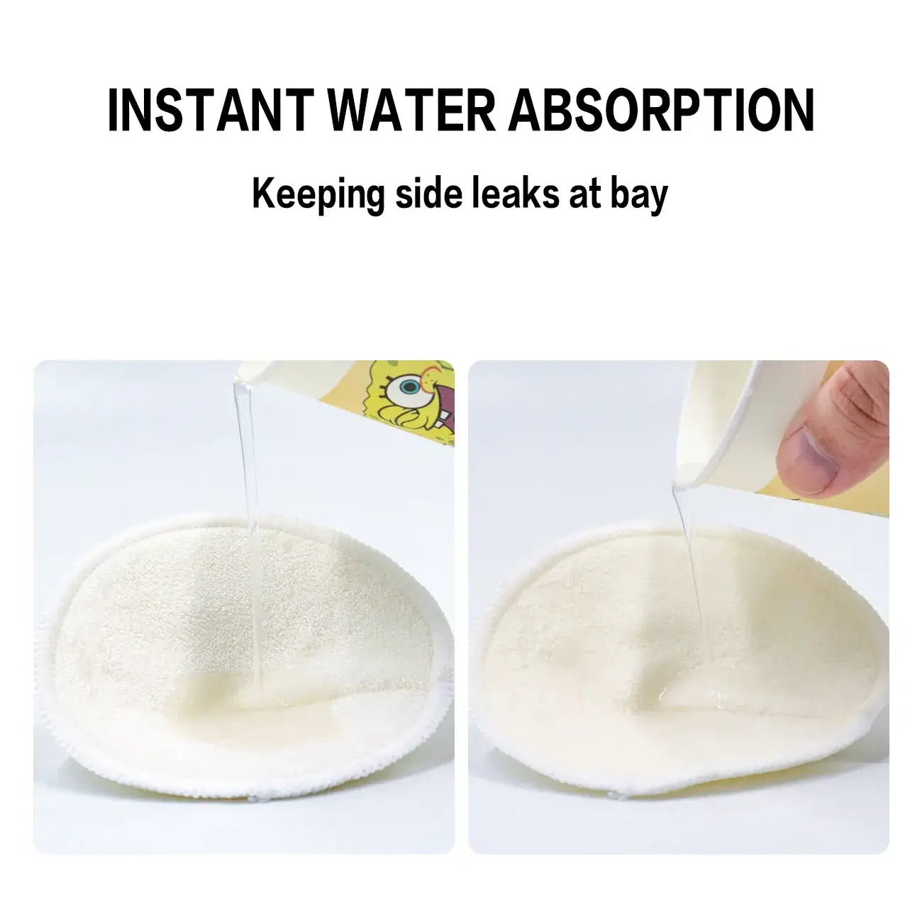 Instant water absorption nursing pads illustrated, demonstrating leak protection during breastfeeding.