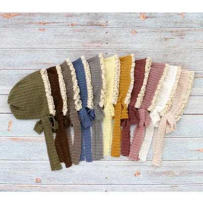 Colorful waffle lace tie hats for newborn photography props, suitable for 0-6 months, unisex baby costume accessories.