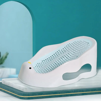 Portable baby bath support lounger in blue, designed for infants 0-6 months, featuring a non-slip mesh material for safety.