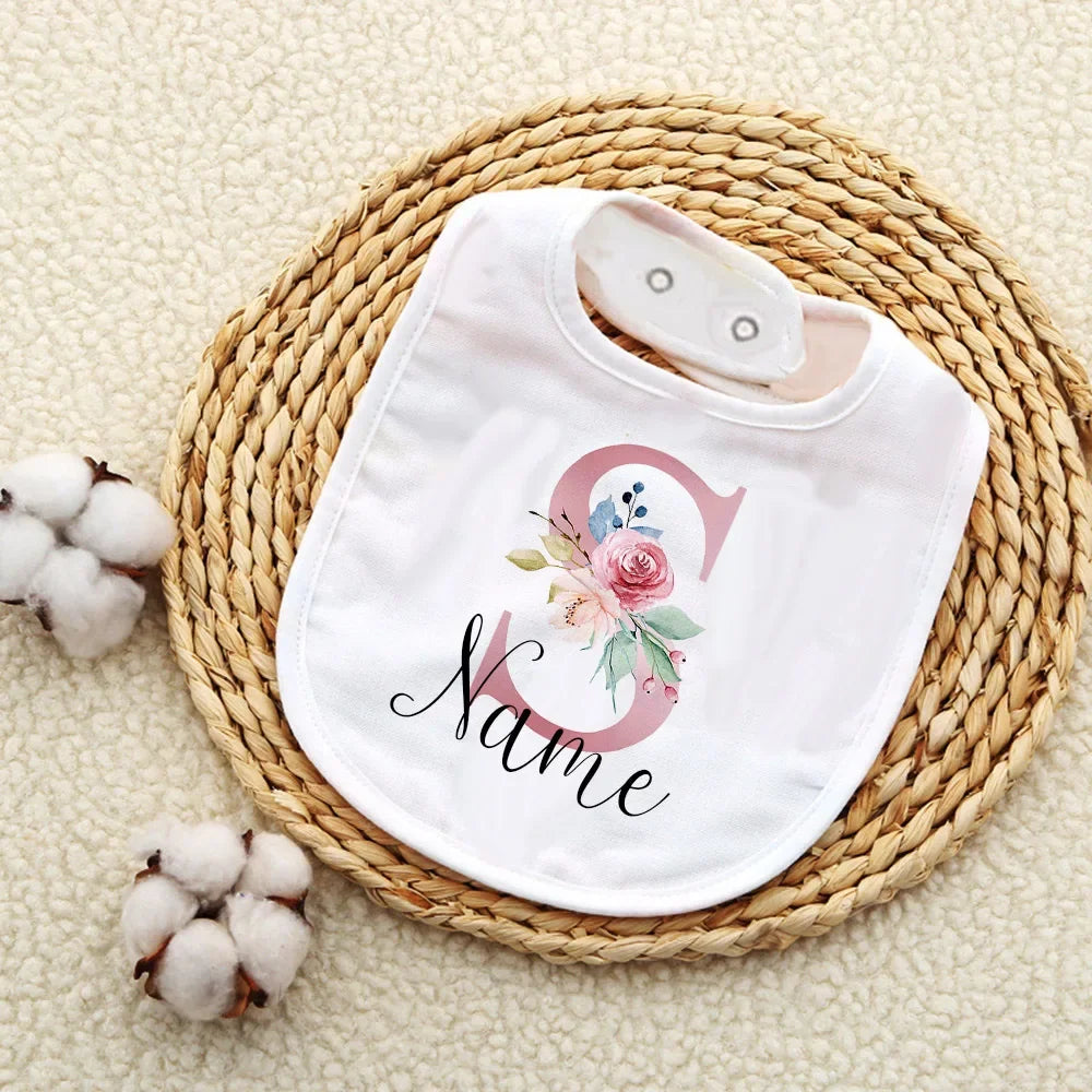 Personalised Baby Bibs Custom Initial with Name Girls Cotton Bib Newborn Saliva Towel Flower Print Bib Baptism Baby Shower Gifts