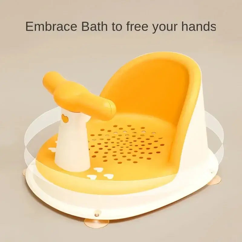 Yellow baby bathtub seat with suction cup for safe and hands-free bathing, suitable for infants and toddlers.
