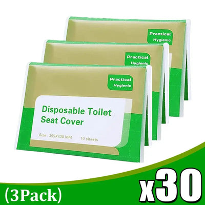 Pack of 30 disposable toilet seat covers, 3 packs, eco-friendly hygiene solution for travel and camping.