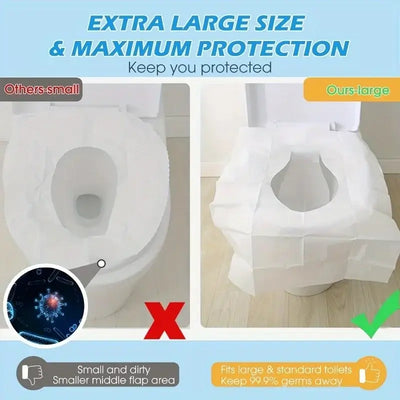 Comparison of toilet seat covers showing extra large size for maximum germ protection, highlighting features of both styles.