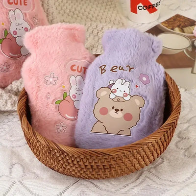 Cute kawaii hot water bottles in pink and purple with animal designs, perfect for winter hand warming.