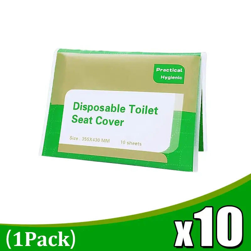 10-pack of disposable toilet seat covers, eco-friendly, size 355x430mm, convenient for travel and camping.