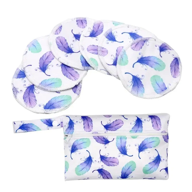 Set of 6 washable nursing pads with colorful feather pattern, plus a matching storage pouch for breastfeeding moms.