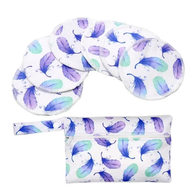 Set of 6 washable nursing pads with colorful feather pattern, plus a matching storage pouch for breastfeeding moms.