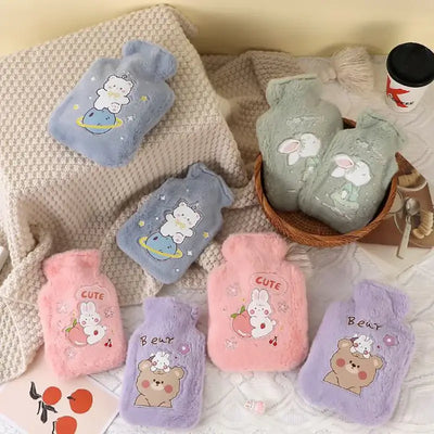 Cute kawaii hot water bottles in soft colors with animal designs, perfect for winter warmth and hand comfort.