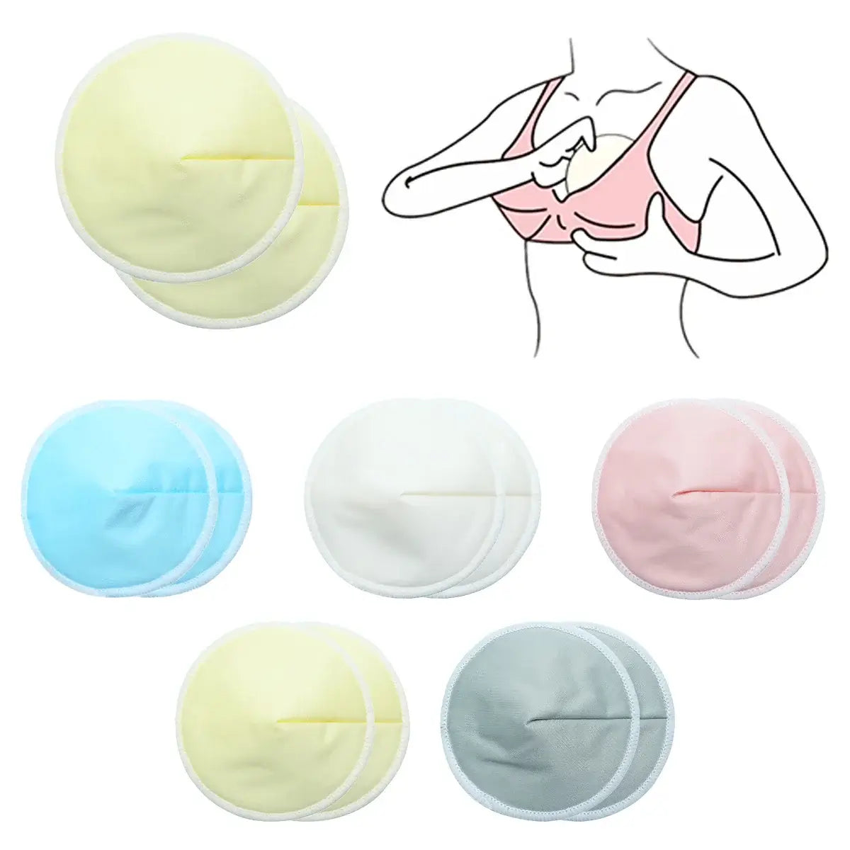 Two sets of reusable organic bamboo nursing pads in various colors for breastfeeding mothers.