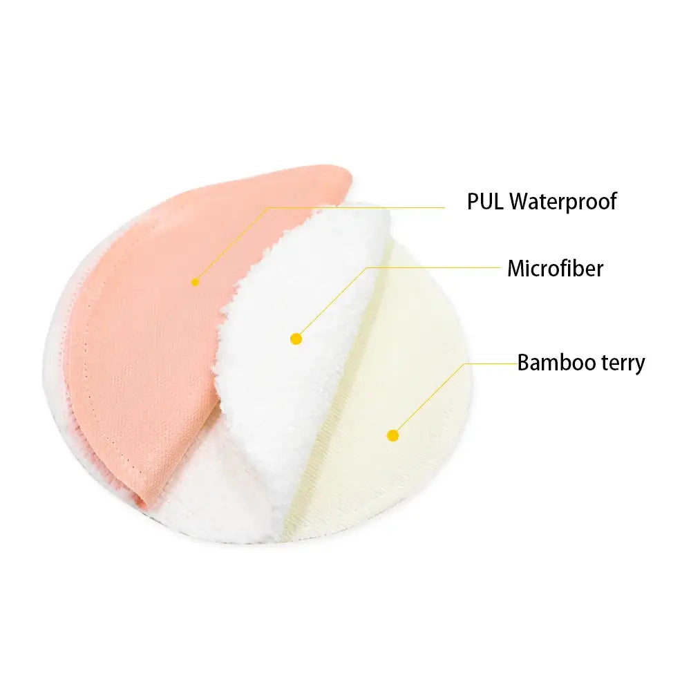 Close-up of nursing breast pads showcasing PUL waterproof layer, microfiber, and bamboo terry materials.