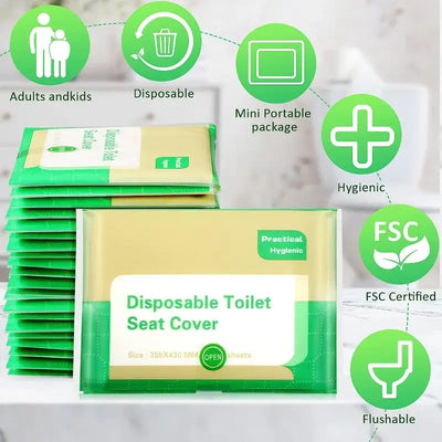 Disposable toilet seat cover pack in mini portable design, eco-friendly, hygienic, suitable for adults and kids.