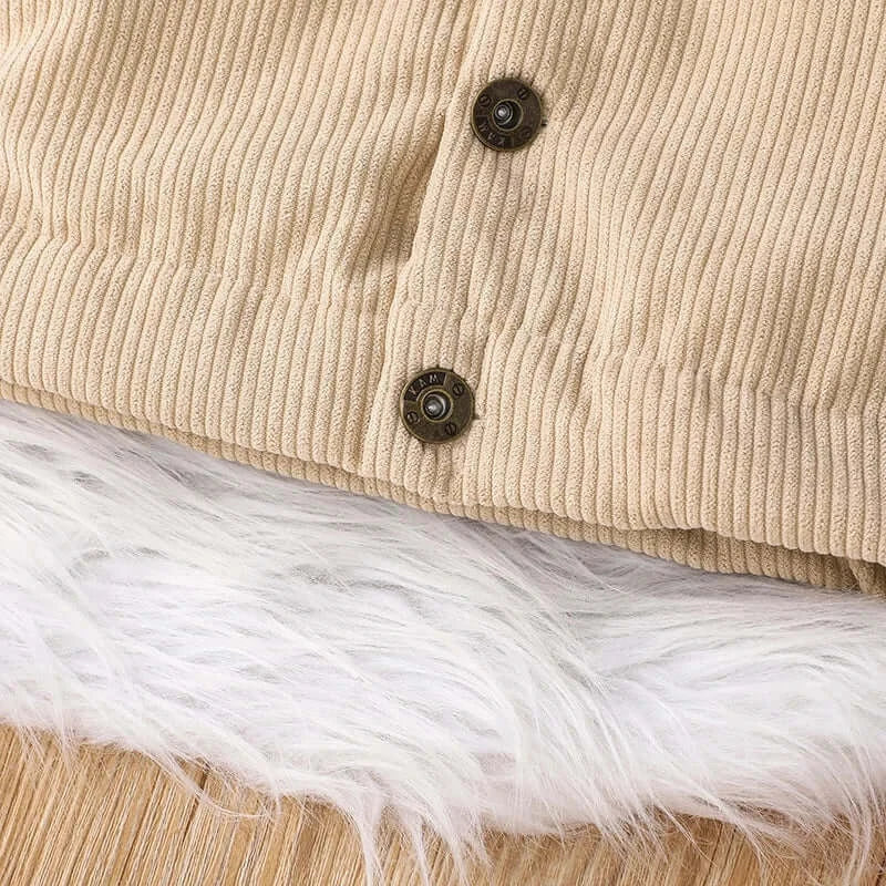 Close-up of beige ribbed fabric with buttons and soft white fur lining, ideal for a warm baby winter jacket.