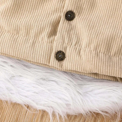 Close-up of beige ribbed fabric with buttons and soft white fur lining, ideal for a warm baby winter jacket.