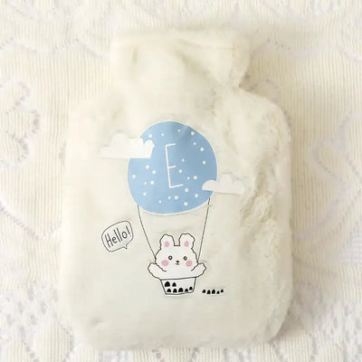 Cute plush 500ML hot water bottle with bunny design and blue balloon for winter hand warmth.