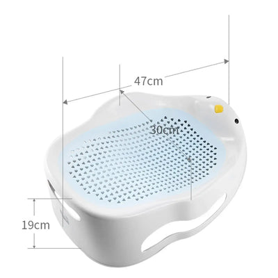 Portable baby bath support lounger with anti-slip design and measurements 47cm x 30cm x 19cm, easy to clean and safe.