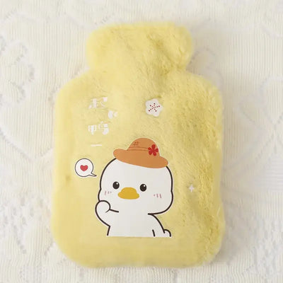 Cute yellow plush hot water bottle with a cartoon duck design, perfect for winter hand warming.