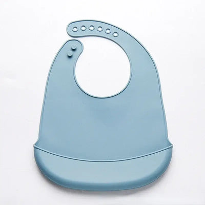 Adjustable blue silicone baby bib, waterproof and soft, perfect for newborns and toddlers, BPA free.