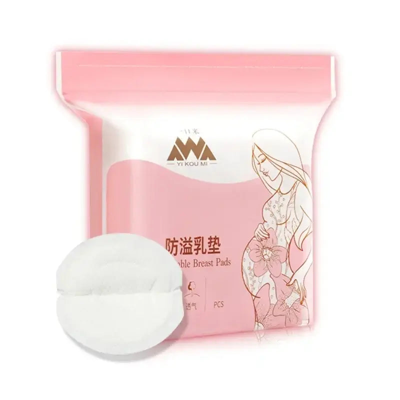 Disposable nursing pads packaging with soft breast pads for breastfeeding, featuring a mother illustration, ideal for comfort and anti-spillage.