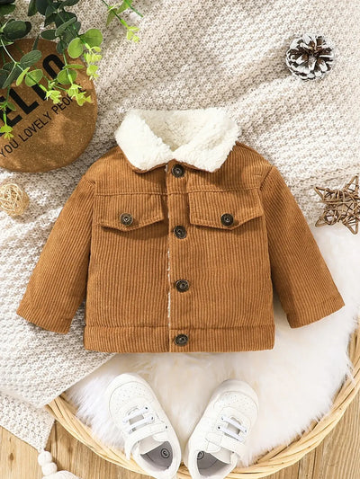 Warm brown corduroy jacket for newborns with faux fur collar, ideal winter outerwear for boys. Perfect for casual fashion.
