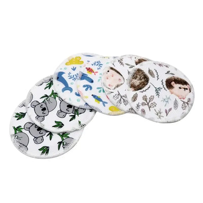 Set of 6 washable nursing pads with cute animal patterns, perfect for breastfeeding mothers.