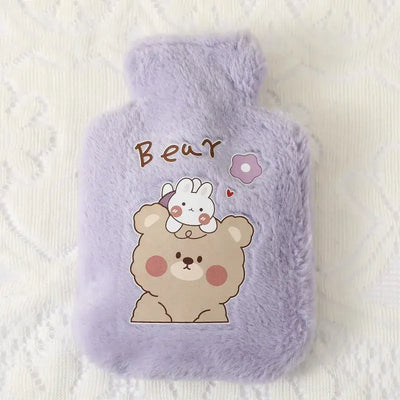 Cute purple soft hot water bottle with bear and bunny design, perfect for winter hand warming.