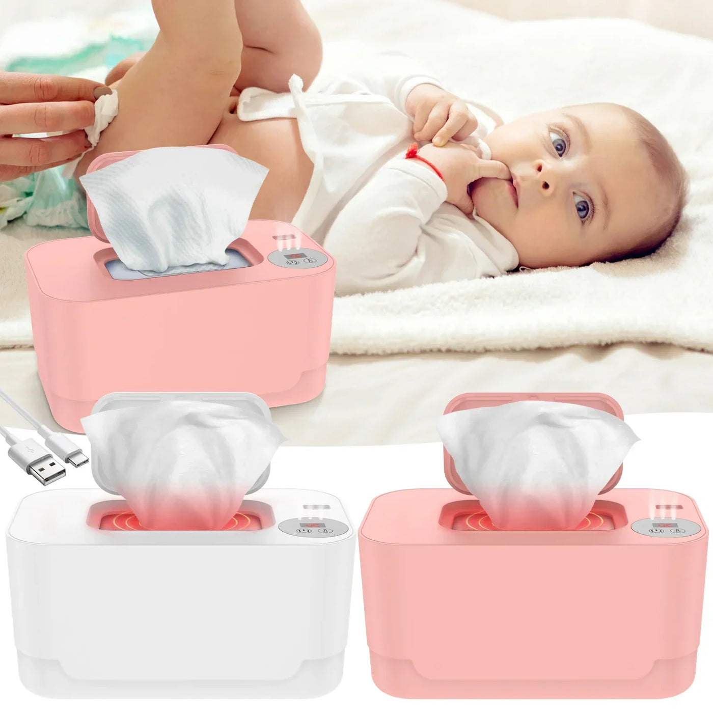 Baby Wipe Warmer LED Digital Display Large Capacity Baby Wet Wipes Warmer Dispenser USB Powered Adjustable Temperature Heating