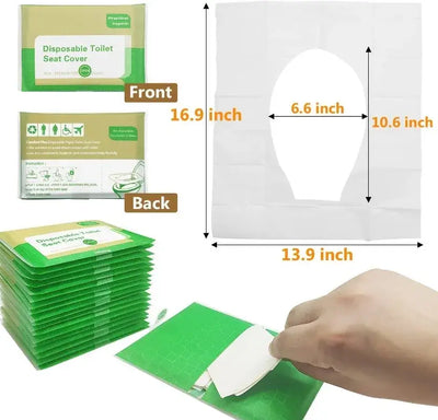 Disposable toilet seat cover, dimensions shown, portable for travel, eco-friendly paper, hygienic bathroom solution.