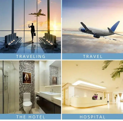 Collage of travel images: airport, airplane, hotel bathroom, and hospital reception area for travelers.