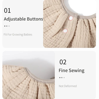 Adjustable buttons and fine sewing details on insular baby bibs, designed for growing infants, ensuring comfort and durability.