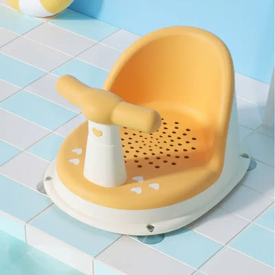 Non-slip baby bathtub seat in orange with suction cups for safety, suitable for newborn care and children aged 6-18 months.