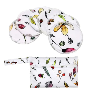 Washable bamboo nursing pads set with floral design, includes 6 pads and a storage pouch for breastfeeding moms.