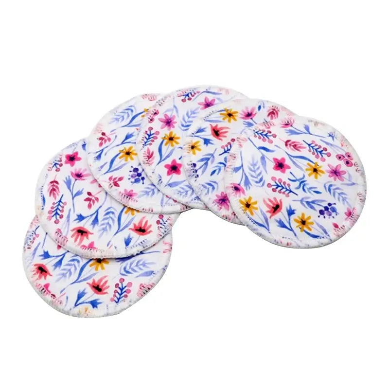 6pcs washable bamboo nursing pads with floral design for breastfeeding, super absorbent and reusable.