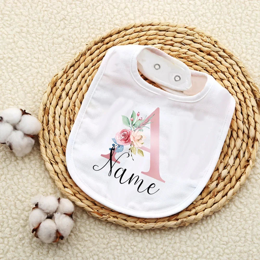 Personalised Baby Bibs Custom Initial with Name Girls Cotton Bib Newborn Saliva Towel Flower Print Bib Baptism Baby Shower Gifts
